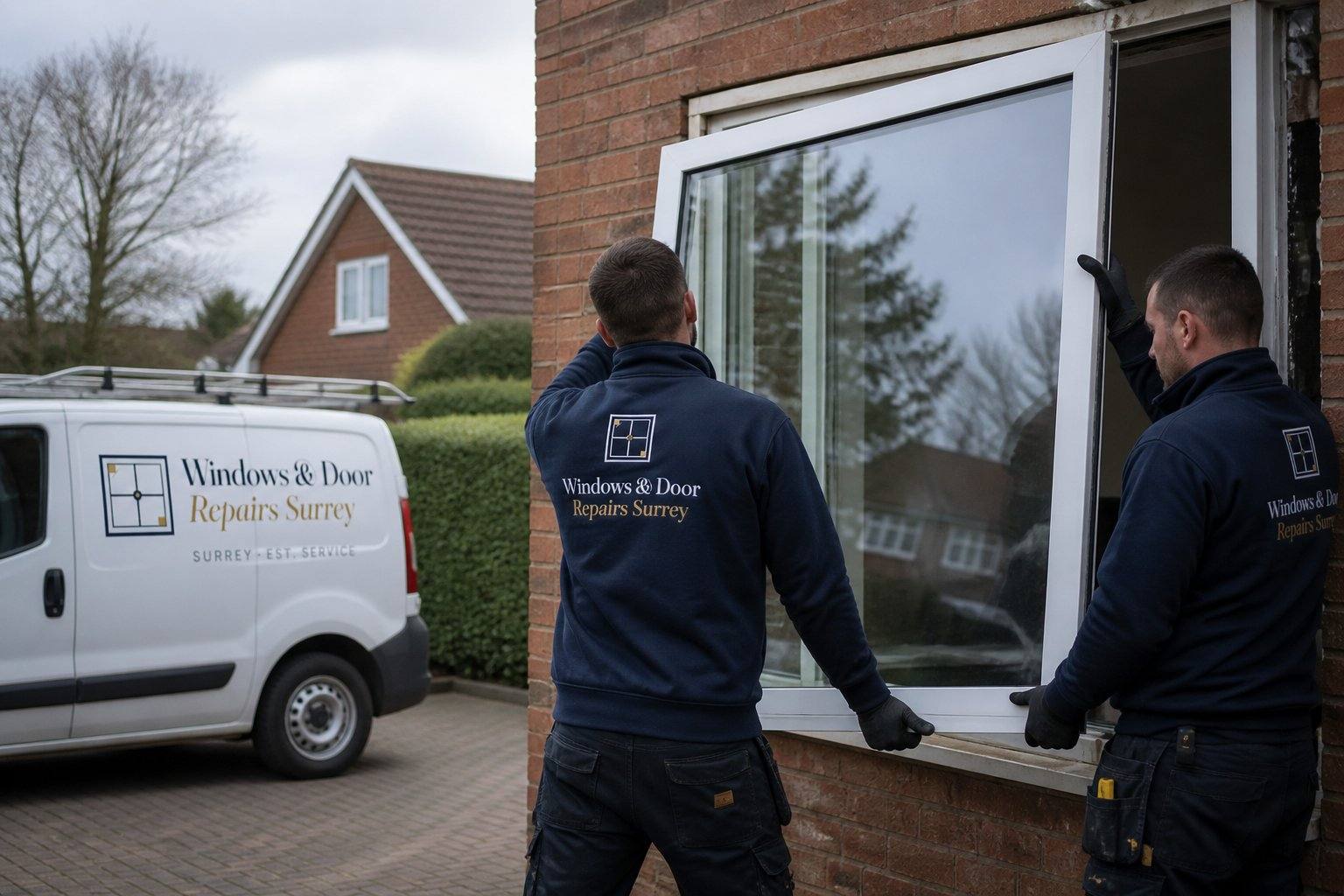Engineers fitting a new uPVC window on location