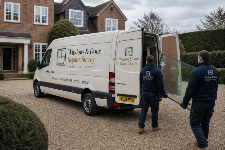 Branded van and engineers arriving with replacement glass